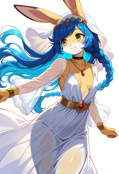 1girl, (furry, kemono:1.3), rabbit, rabbit girl, rabbit ears, long hair, blue hair, braid, floating hair, very long hair, collarbone, green eyes, yellow eyes, swept bangs, breasts, single braid, small breasts, dress, white dress, see-through, necklace, lon...