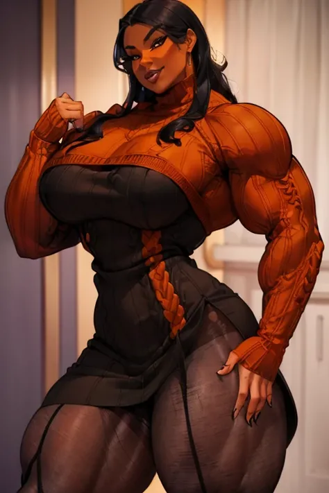 ((Close-up)), tall, black hair, beautiful muscular woman, long hair, brown skinned, (black lipstick), (smirking), (massive muscles), (hyper muscle), ((ginormous bulky muscles)), orange eyes, (((((beautiful long sleeve sweater dress and pantyhose))))), (fin...