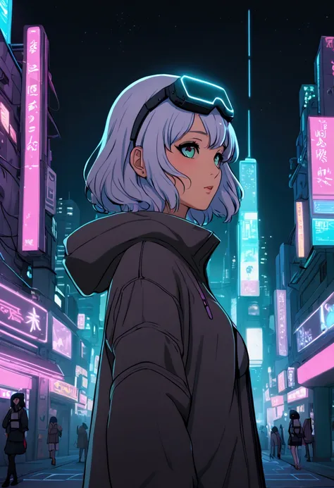 A LOFI-STYLE GIRL IN A CYBERPUNK CITY  