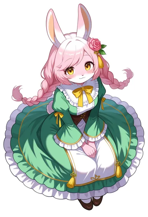 1girl, (furry, kemono:1.3), rabbit, rabbit girl, rabbit ears, hair flower, long hair, braid, yellow eyes, blush, blue hair, swept bangs, pink hair, twin braids, dress, hair ornament, long sleeves, wide sleeves, frills, green dress, frilled dress, puffy sle...