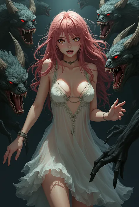  top quality、Realistic Japanese anime style 、torture、  slave、restrict、Bondage、Caught by a bunch of monsters 、Surrounded by monsters、、 beautiful woman with very long reddish pink hair（ messy hair standing in the way）、white see-through celtic dress 1:5（Small...