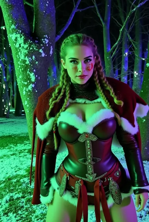 A blonde with braids female viking, leather christmas viking armor fur trimmed, braids, she is holding an axe and she has war paint in the face, sexy pose, in a mystical woods in the night Illuminated by Bioluminescent nature, wide hips and narrow waist, s...