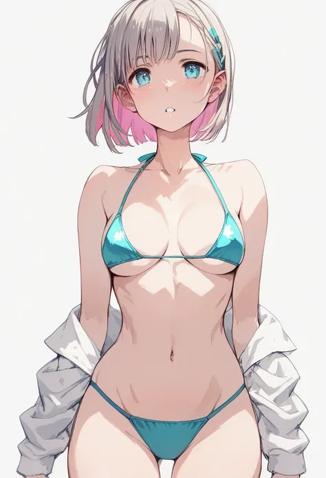 pt,Unique hairstyle，Fancy hairstyle，A girl who was completely naked and wore only loose socks and a bikini, pure white background,Girl standing facing the front，Wear a shiny, flashy bikini,（ top quality，8k）,Girl Standing Facing Front with Clear Colored Hai...