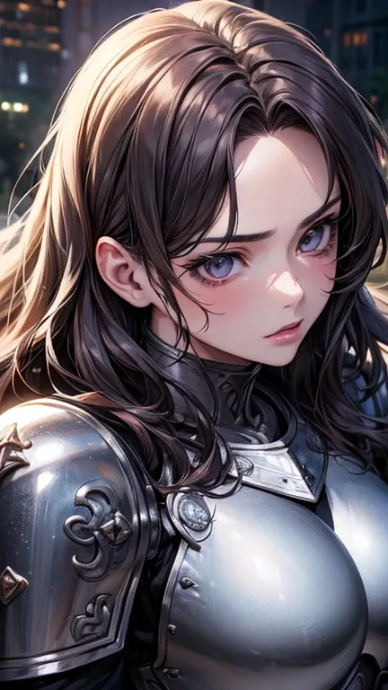 a cool anime 18 years old girl in steel armour, strong girl, leader of knight, sharp eye, long wavy hair, beautiful detailed face, adorable girl, 3:4 body looks, perfect body ratio, front view, look at the camera, perfect background, (best quality,4k,8k,hi...