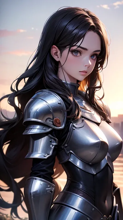 a cool anime 18 years old girl in steel armour, strong girl, leader of knight, sharp eye, long wavy hair, beautiful detailed face, adorable girl, 3:4 body looks, perfect body ratio, front view, look at the camera, perfect background, (best quality,4k,8k,hi...