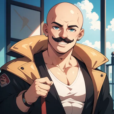  Bald guy with a mustache smiling alone 