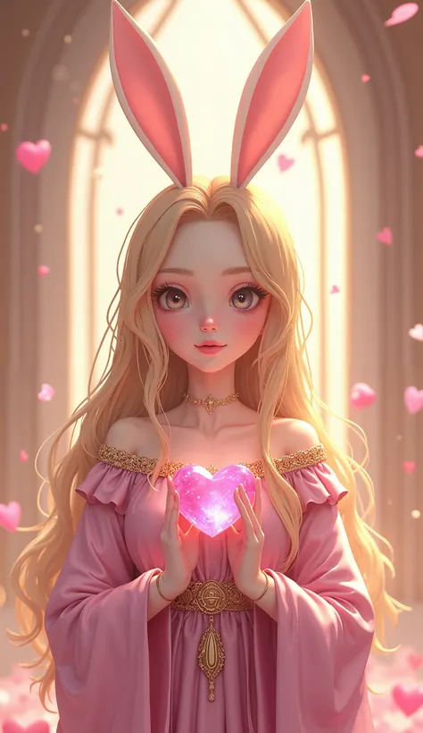  romantic spiritual female god　 adorable like a rabbit　 female in her 20s　 cute　god々Shii　 facing the front 　 bust shot　 has a heart crystal 　 pink　Gold 　Princess type　Blonde　pink robe 　Gold ornaments　Bunny ears　 digital art