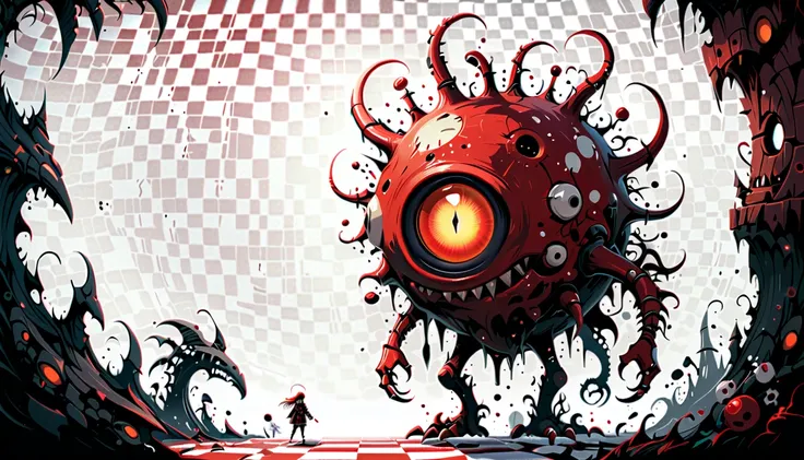 red and white checkered background,(best quality,4k,8k,highres,masterpiece:1.2),ultra-detailed,surrealist style,in style of Daniel Merriam,lovely style biopunk monster concept,character concept design,
BREAK
(full_shot:1.2),negative space composition,