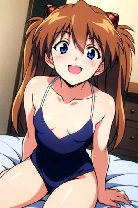 (( top quality)), ((masterpiece)), (be familiar with),  perfect face, indoor, bedroom,  laughing and smiling at the viewer ,
One woman,  Soryu Asuka Langley,
 open mouth,  with an ecstatic expression , blush, smile,
 small tits,  flat chested, Young girl, ...