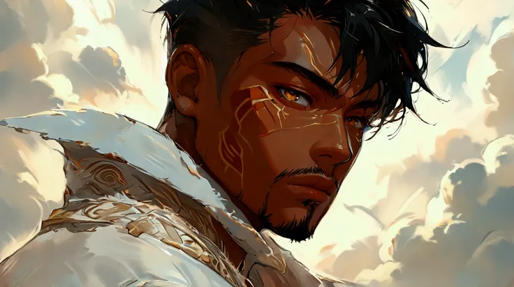 Young man, brown skin, thin and defined physique, medium black hair, thin goatee, white overcoat, intellectual expression, tribal tattoo on chest, sky scenery, ((Anime character design)), ((2D animation style)), ((Dramatic studio lighting)), ((2D fine line...