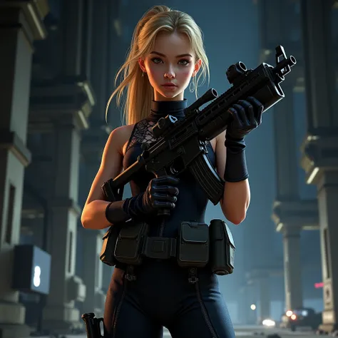 . The image shows a young blonde wearing a futuristic outfit and a modern 9 mm gun and an assault rifle in her hand. She is standing in an urban setting, with a background of buildings and metal structures.  The lighting is dark and atmospheric ., which cr...