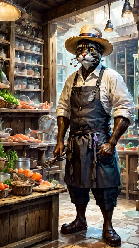 Of course!  Here is a detailed prompt for your scene :

**" anthropomorphic black cat standing in a rustic fish store .  He wears a fishmongers stained apron and an old ragged straw hat,  that is slightly tilted .  Its legs are agile while trying , with ef...