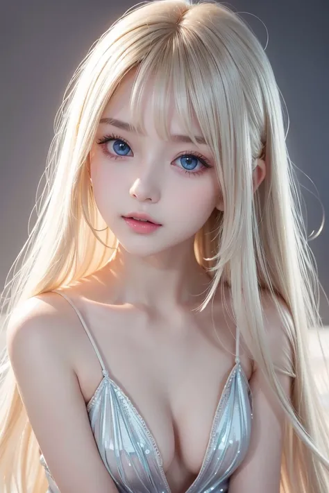  beautiful and shiny bright platinum blonde hair 、 super long silky straight hair 、 cute cute innocent face 、Beautiful glowing skin、 dazzling reflective blond light 、 beautiful cute shiny sexy very bright bright mint ice yellow big eyes、 very large dazzlin...