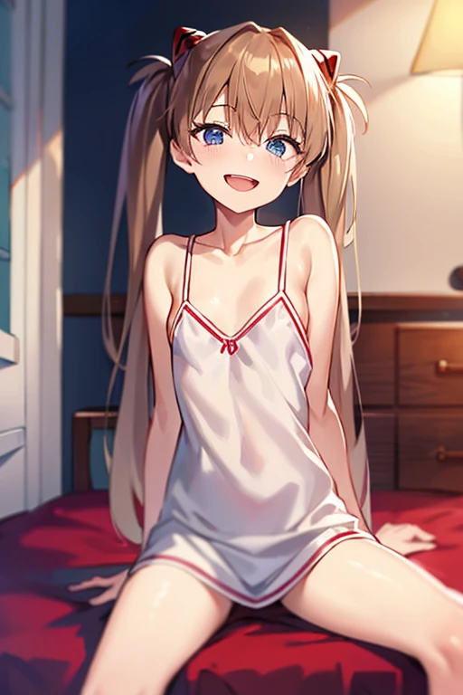 (( top quality)), ((masterpiece)), (be familiar with),  perfect face, indoor, bedroom,  laughing and smiling at the viewer ,
One woman,  Soryu Asuka Langley,
 open mouth,  with an ecstatic expression , blush, smile,
 small tits,  flat chested, Young girl, ...