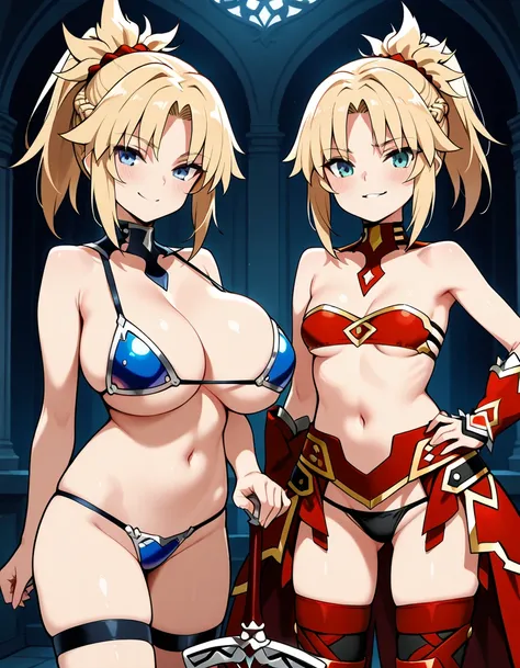 A high definition, highly detailed, highres picture of Mordred {Fate Apocrypha} with blonde hair, blue eyes, slender, oppai loli, huge breasts, bikini armor,  athletic; wearing skimpy battle armor, bare arms, bare belly, bare legs; holding a silver sword w...