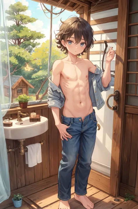 A young boy Character with Levis 501 jeans, shirtless, button fly, open fly, unbuttoned, tighty-whities, barefoot, curly hair, standing in open-air treehouse bathroom, toilet