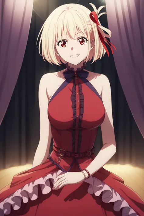 chisato nishikigi, short hair, bangs, blonde hair, red eyes, hair ribbon, one side up, bob cut, large breast, idol clothes, idol dress, (frilled dress:1.2), red dress, pink frill, bare shoulders, smile, from front, looking viewer, stage, idol stage, curtai...