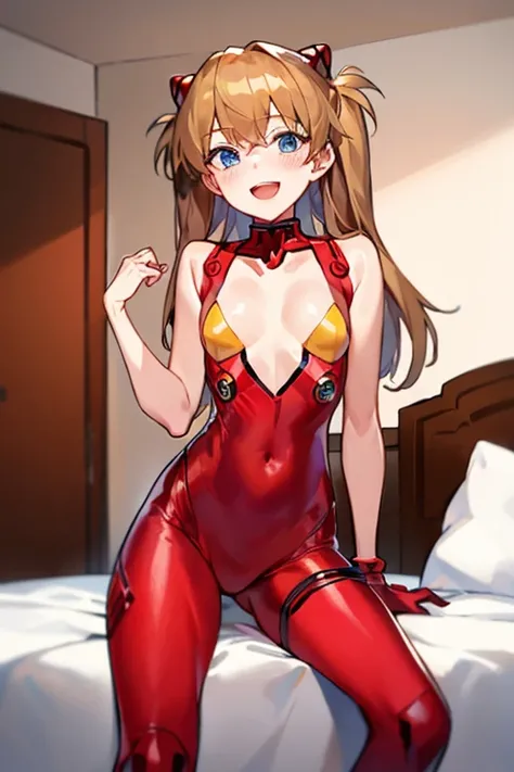 (( top quality)), ((masterpiece)), (be familiar with),  perfect face, indoor, bedroom,  laughing and smiling at the viewer ,
One woman,  Soryu Asuka Langley,
 open mouth,  with an ecstatic expression , blush, smile,
 small tits,  flat chested, Young girl, ...