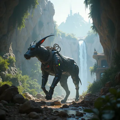  An animal with technological implants , Game Horizon Zero Down style ,  Deep a gigantic cave with lots of nature and some futuristic houses.