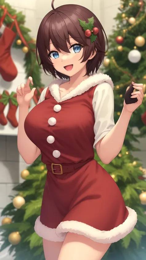 masterpiece, best quality, high quality, girl, solo, looking at viewer, noir_stalgia, brown hair, blue eyes, large breasts, merry christmas Dress, standing, smile, open mouth,