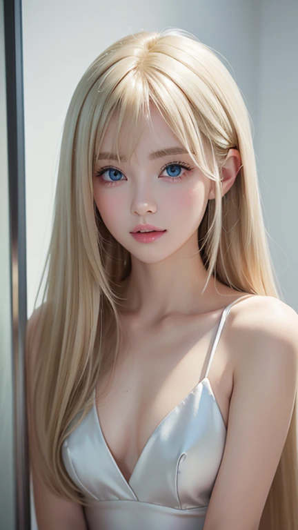 Clear white shiny skin 、 style blonde gets in the way in front of a pretty face 、 Cute Sexy Little Beautiful Face of a 20 Year Old 、 shiny beautiful platinum blonde straight silky hair , Sparkling very bright blue eyes 、 long silky blonde hair covering cut...