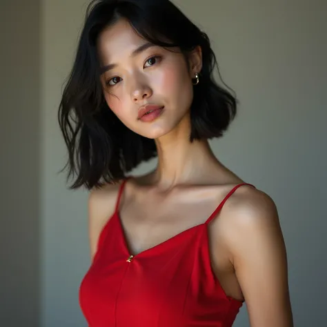 beautiful 20 year old Japanese girl with black hair, short red dress, full body shot,ltaken with Sony Alpha a9 II and Sony FE 200-600mm f/5.6-6.3 G OSS lens, natural light, hyper-realistic photo, ultra detailed, wide shot. --s 750 --style raw