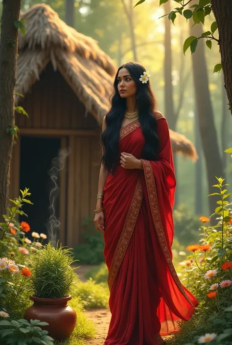 A mesmerizingly beautiful woman, Sati Savitri, is standing gracefully in front of her small, rustic hut made of wood and thatch, surrounded by a lush forest. She is dressed in a traditional, flowing saree of deep red with golden embroidery, symbolizing her...