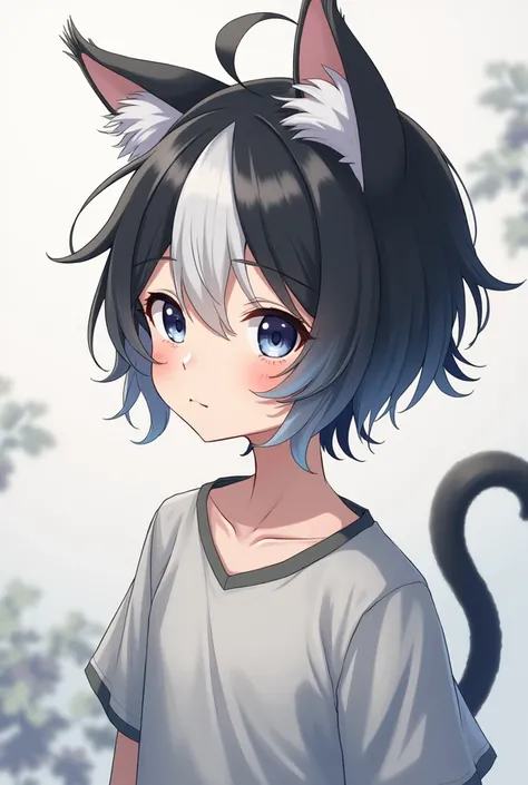  Beautiful boy with skin as white as milk tail and gray cat ears, with beautiful black and white hair,The white above and the black down like the order of his hair ,  anime style