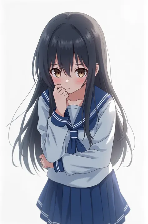 
Anime girl in blue and white uniform is hunched