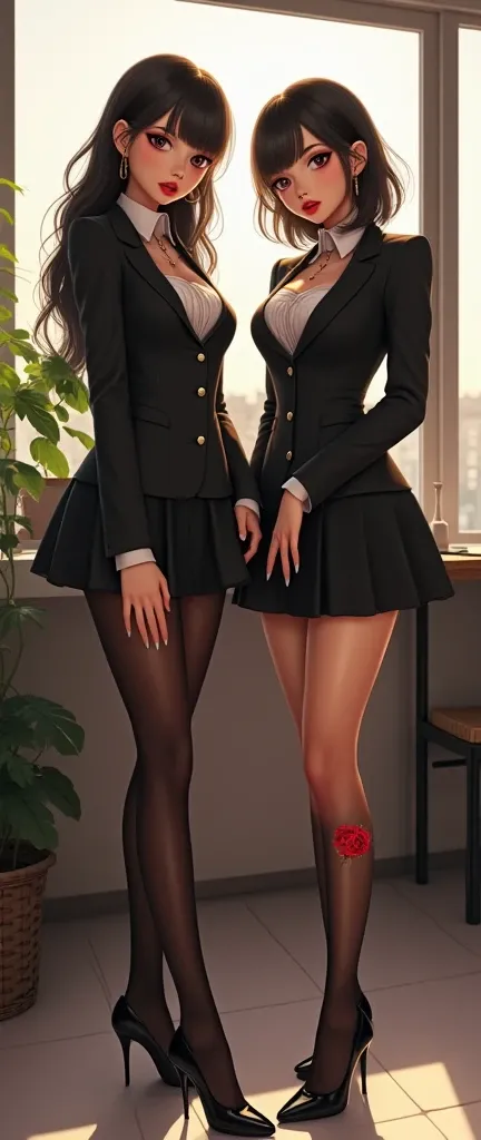 Shiori Suwano, Osaki Amane,  full body portrait,  Octane Rendering ,  with the highest quality realistic style CG,  Female teacher dress up , Coworking ,  Black Frame Glasses, Visible red lips ,  Clear French nails ,  Clear big pupils ,  Clear eye makeup ,...