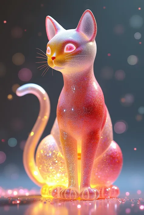 glass cat made of frosty white, yellow-pink-red-burgundy patterns, neon fractal art 5d background glitter silver glitter white-yellow-pink-red-maroon 