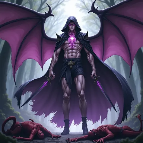 Manhwa guy, cracked skin, muscular, eyes glowing, with demonic wings, cape with a hood, dark purple aura, SS rank, with swords in his hands, bodies of fallen demons under his feet, bright, forest in the background, manhwa style