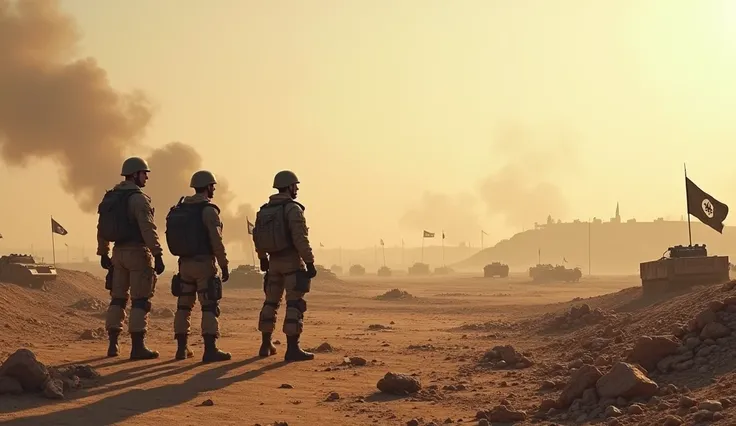 A desolate battlefield in Syria marking the defeat of ISIS, with abandoned black flags and destroyed vehicles scattered across a barren landscape. In the foreground, Syrian forces stand cautiously, surveying the aftermath of battle. The background features...