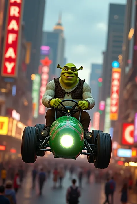 Shrek drives a flying car around downtown las vegas