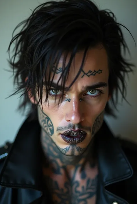 Man with damp dark hair , grey eyes,  seductive look,  volle Lippen mit Tattoos und Piercings 