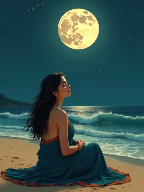 A young woman, likely in her late teens or early twenties, with dark, long, wavy hair, sits on a sandy beach at night.  She is adorned in a dark teal or navy blue saree, featuring rust-orange borders and gold jewelry.  The saree drapes elegantly around her...