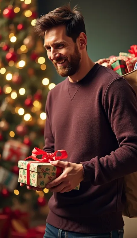 Gift Distribution**: A shot of Messi giving a gift to a , with a happy expression on the s face.

3. **Gift Bag**: A shot of Messi carrying a large bag full of gifts, with toys falling out of it.