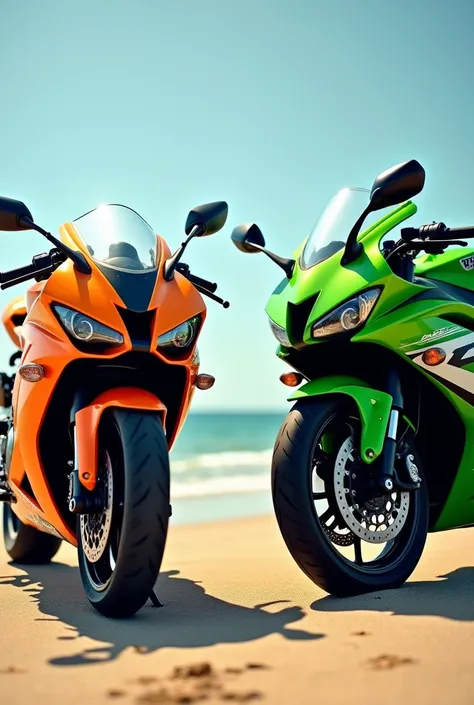  A realistic close-up photo ,  an orange Kawasaki ninja motorcycle stands next to a Kawasaki ninja motorcycle, on the sand of the beach against the blue sunny sky and the ocean  