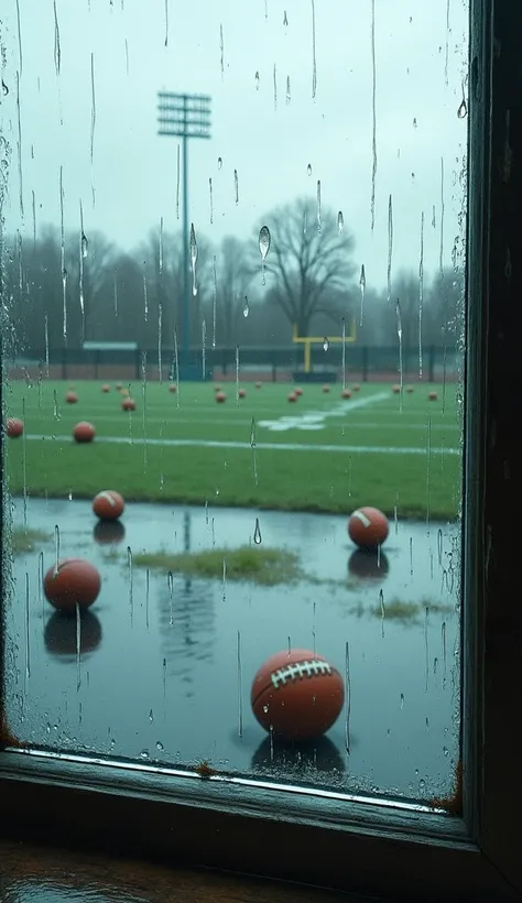 create a realistic illustration of a wet window, dripping water. You can see through the window a football field with many puddles of water, with footballs. the weather is cloudy and raining.