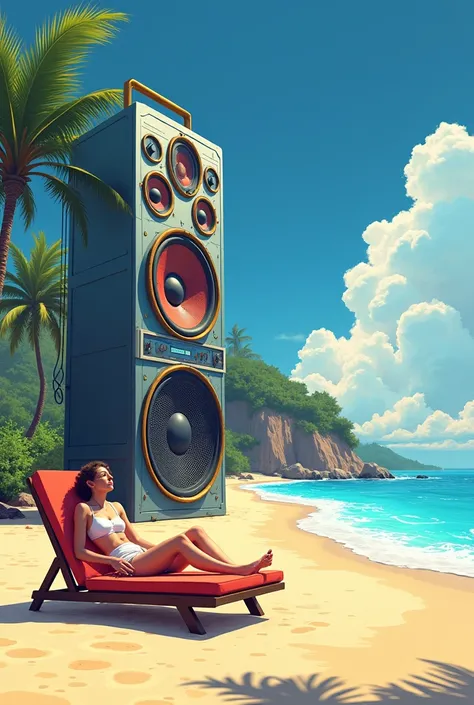 beach scene, a giant radio broadcasting music ,  next to this radio there is a person sitting on a sun lounger enjoying the music