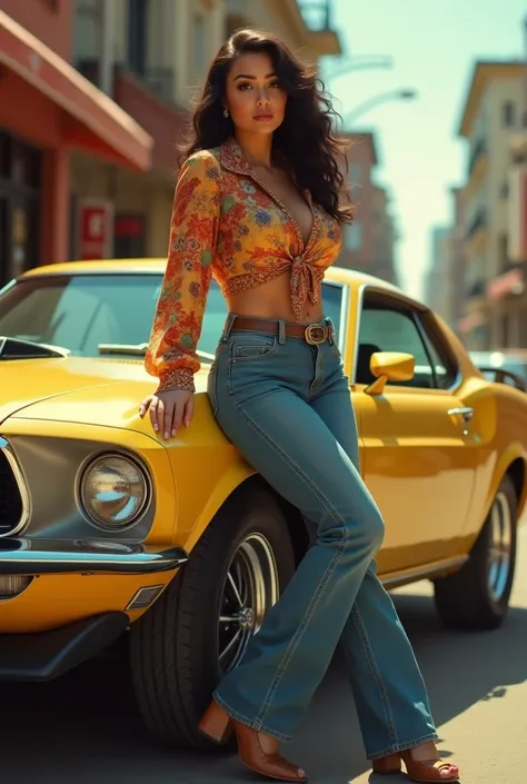 "Create a high-quality image featuring a curvy woman with dark brown hair styled in loose waves, reminiscent of the 1970s. She is leaning casually against a vintage yellow car from the 1970s era, capturing the essence of that time period. The car is a clas...