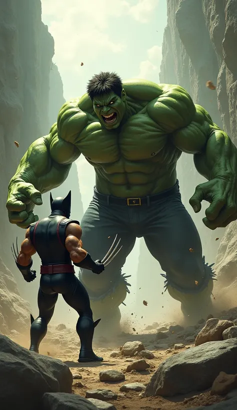 "Um hulk realista da Marvel,  with enormous muscles and pulsating veins ,  in an expression of uncontrollable fury ,  staring at an equally angry Wolverine ,  with his Adamantium arms extended and posture ready for attack . hulk,  with his vibrant green sk...