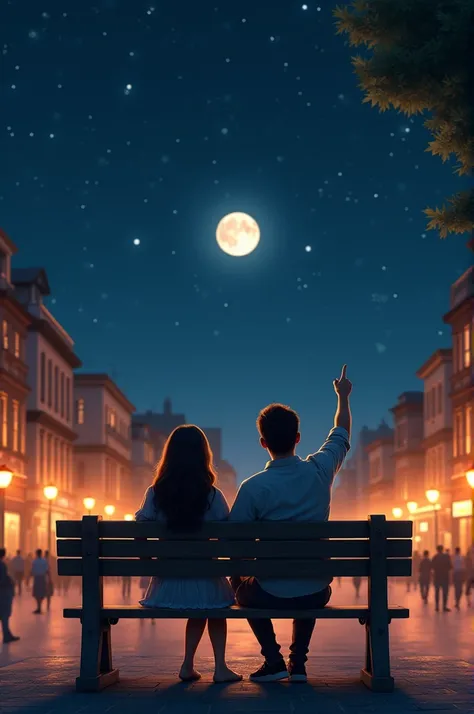 A couple sitting on a bench in a square pointing to the Moon and star at night