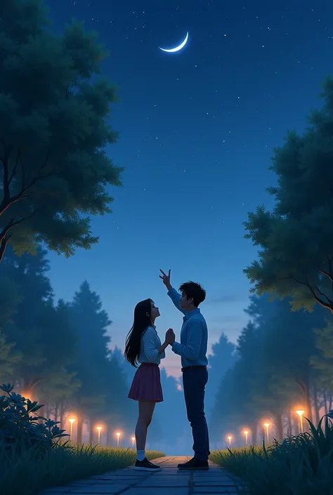 A couple in a park pointing to the Moon and star at night