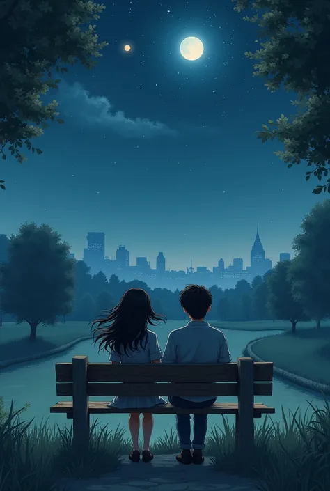 A couple sitting on a bench in a park pointing to the Moon and star at night 
(woman with loose hair)
