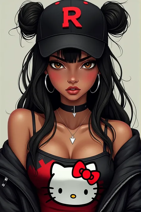 Black hair buns , dark brown skin color, black and red hat with a R on it , black jacket below shoulders , and black and red hello kitty dress and brown eyes