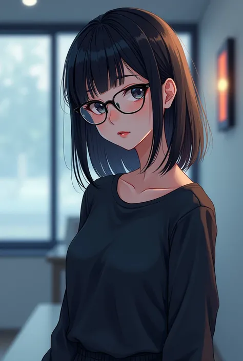 Anime girl standing wearing black glasses
