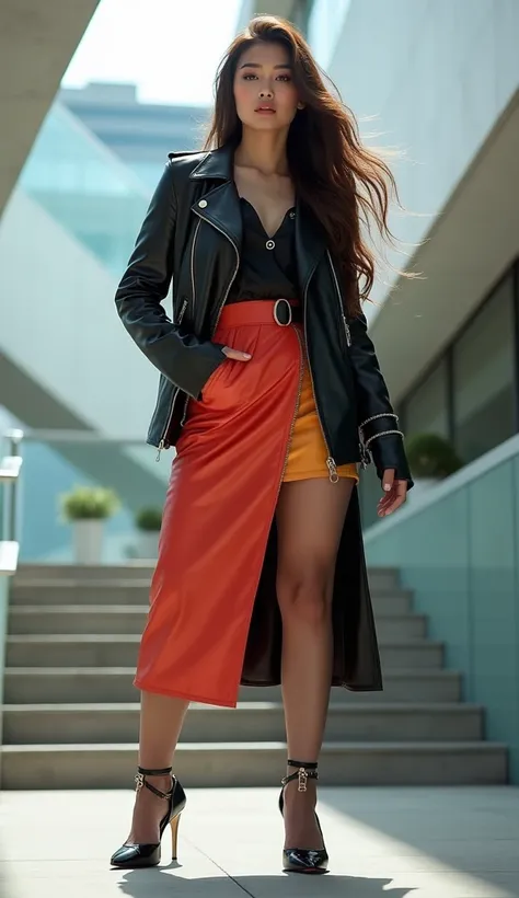 Full Body Portrait、Japanese beauty fashion model 、 Leather Jacket、Silk blouse、 colorful leather midi skirt、Silk Pantyhose、 high heels、Brown Hair、 Big Breasts 、Modern architecture in the background、Flashy accessories、 professional lighting 