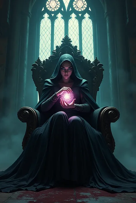 ( top quality ,4K,8 k, high definition , masterpiece fails:1.2),  ultra-detailed , ( realistic ,photo realistic ,photo- realistic :1.37), an Evil queen sitting on the throne,  Bottom view, (  the tyndall effect from the stained glass decoration behind her,...