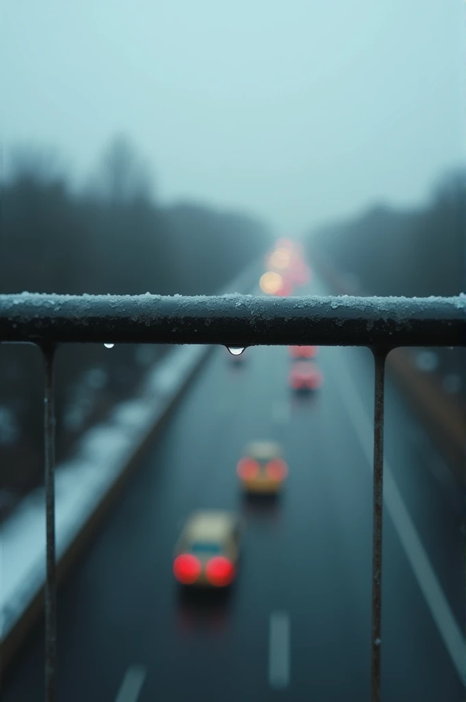  Video of cars moving on the highway ,  but recorded from a bridge above the highway showing only the railing of the metal bridge, a cold and sad weather ,  it starts to rain and the detailed fall of a drop against the railing is recorded in a realistic wa...